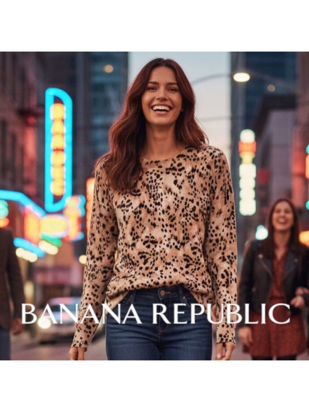 Banana Republic Leopard Print Sweater XS Tan Black Cotton Crewneck